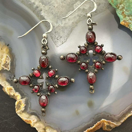 Vintage Silver Garnet Decorated Cross Dangle Earrings For Women