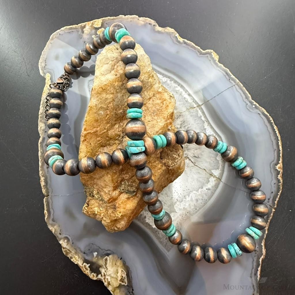 Southwestern Style Copper 8-10mm Navajo Pearl Beades &Turquoise Disk Necklace For Women