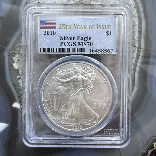 2010 US 1.0oz .999 Fine American Silver Eagle 25th Year of Issue PCGS MS70 #567