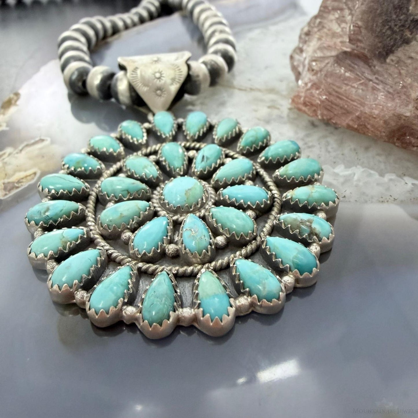 Sterling Silver Southwestern Style Teardrop Blue Mohave Turquoise Round Cluster Pendant