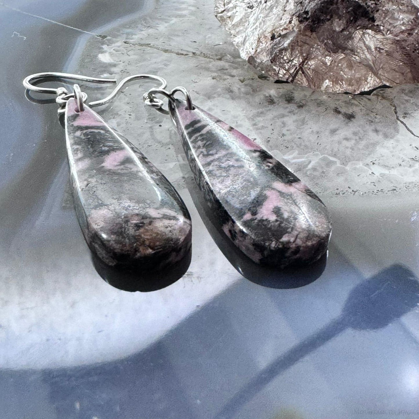 Sterling Silver Elongated Teardrop Rhodonite Slab Dangle Earrings For Women #233