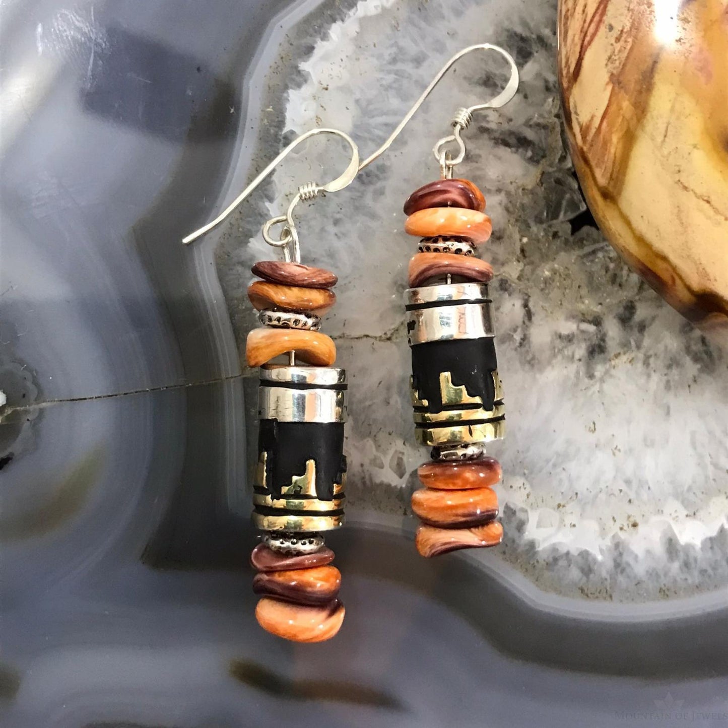 Tommy & Rosita Singer Sterling Silver & GF Barrel Orange Spiny Oyster Dangle Earrings For Women