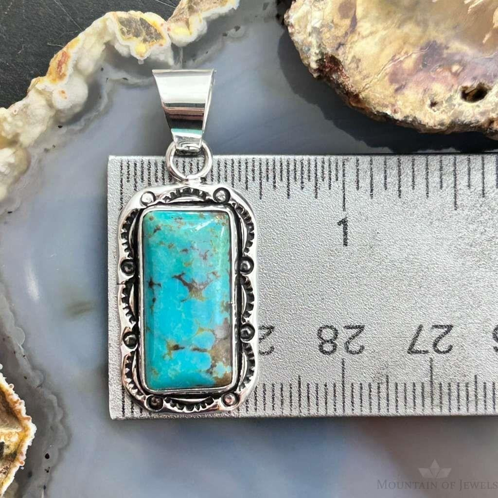 Native American Sterling Silver Rectangle Turquoise Decorated Pendant For Women