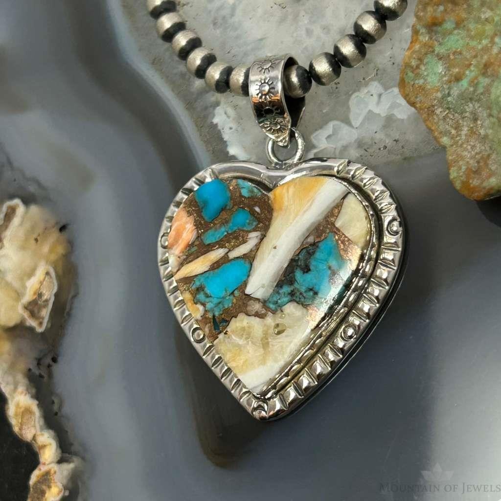 Sterling Silver Southwestern Style Turquoise Spiny Oyster Heart Pendant For Women #3