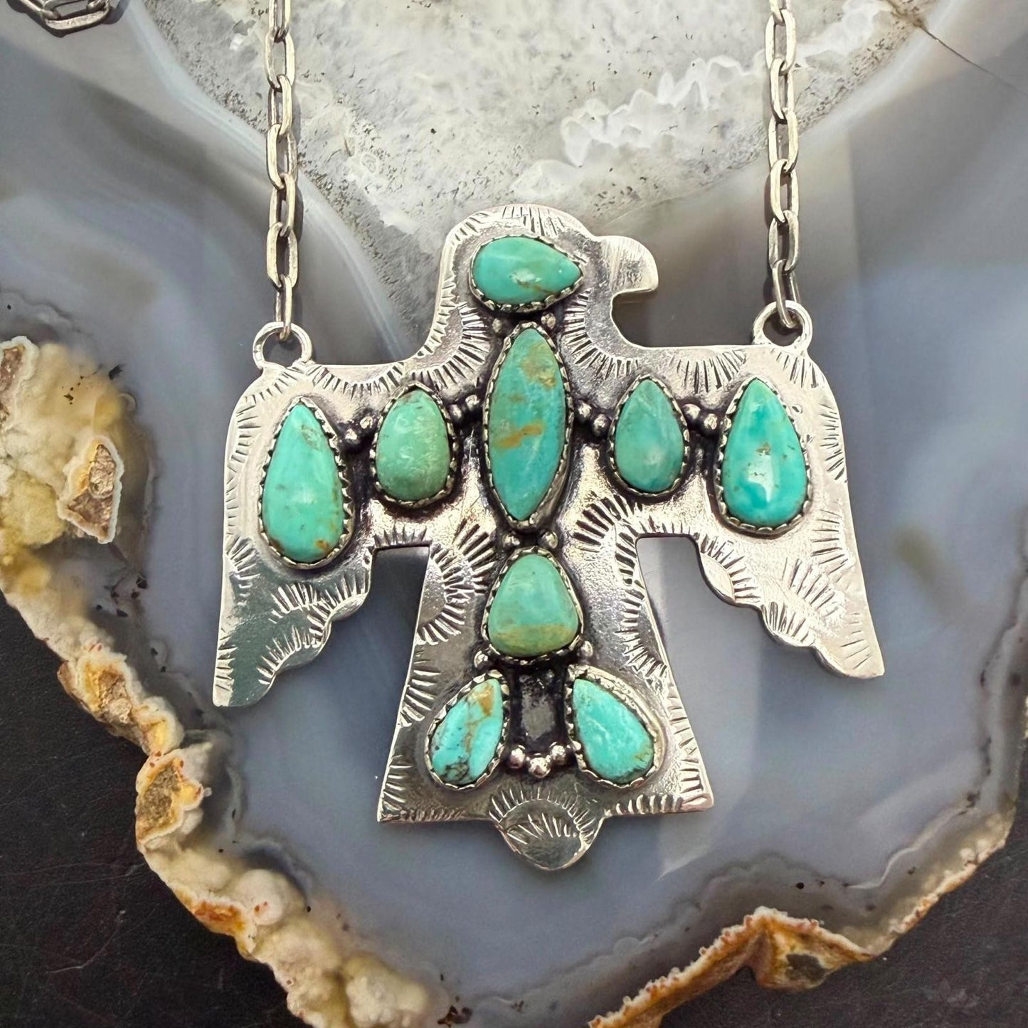 Sterling Silver Southwestern Style Kingman Turquoise Thunderbird Pendant Necklace For Women #3