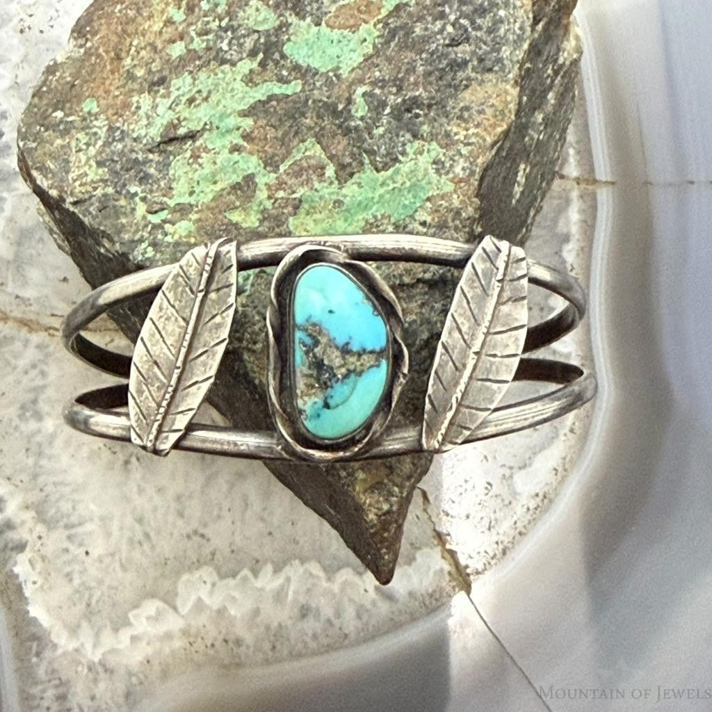 Vintage Native American Silver Leaf & Turquoise Split Shank Bracelet For Women