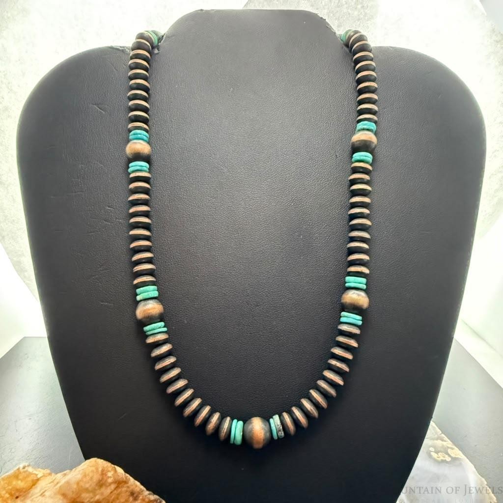 Southwestern Style Copper 8mm Navajo Pearl Saucer & Turquoise Disk Necklace For Women