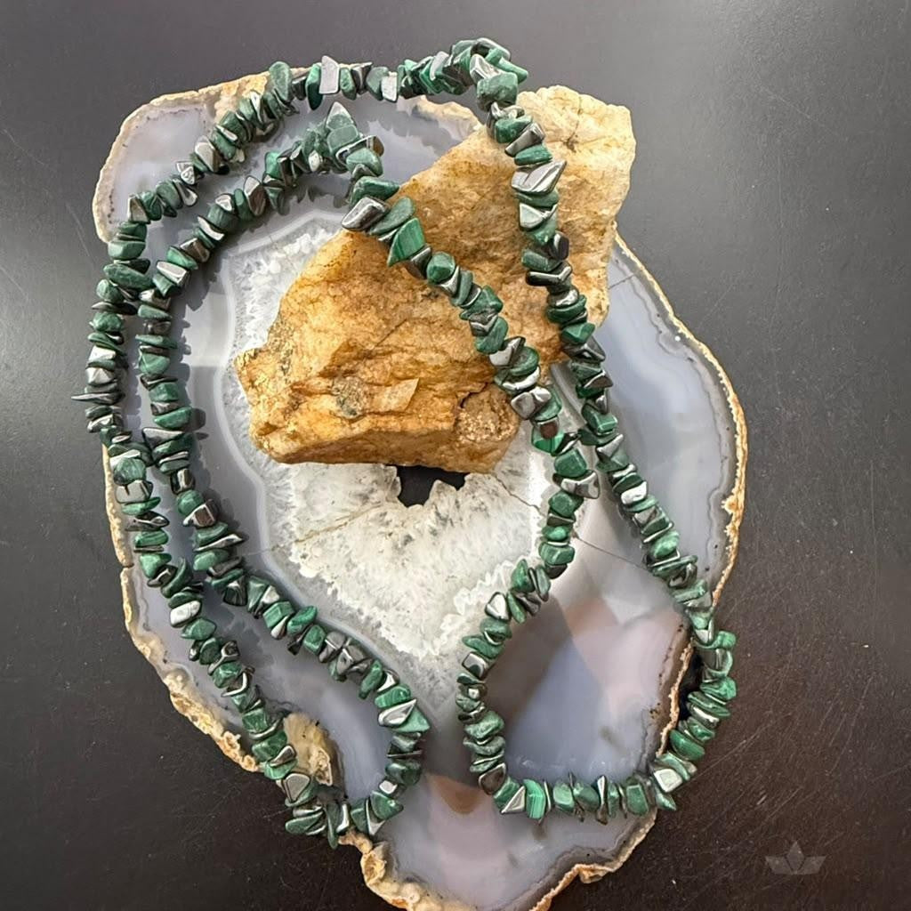 Vintage Natural Malachite & Hematite 34" Necklace For Women