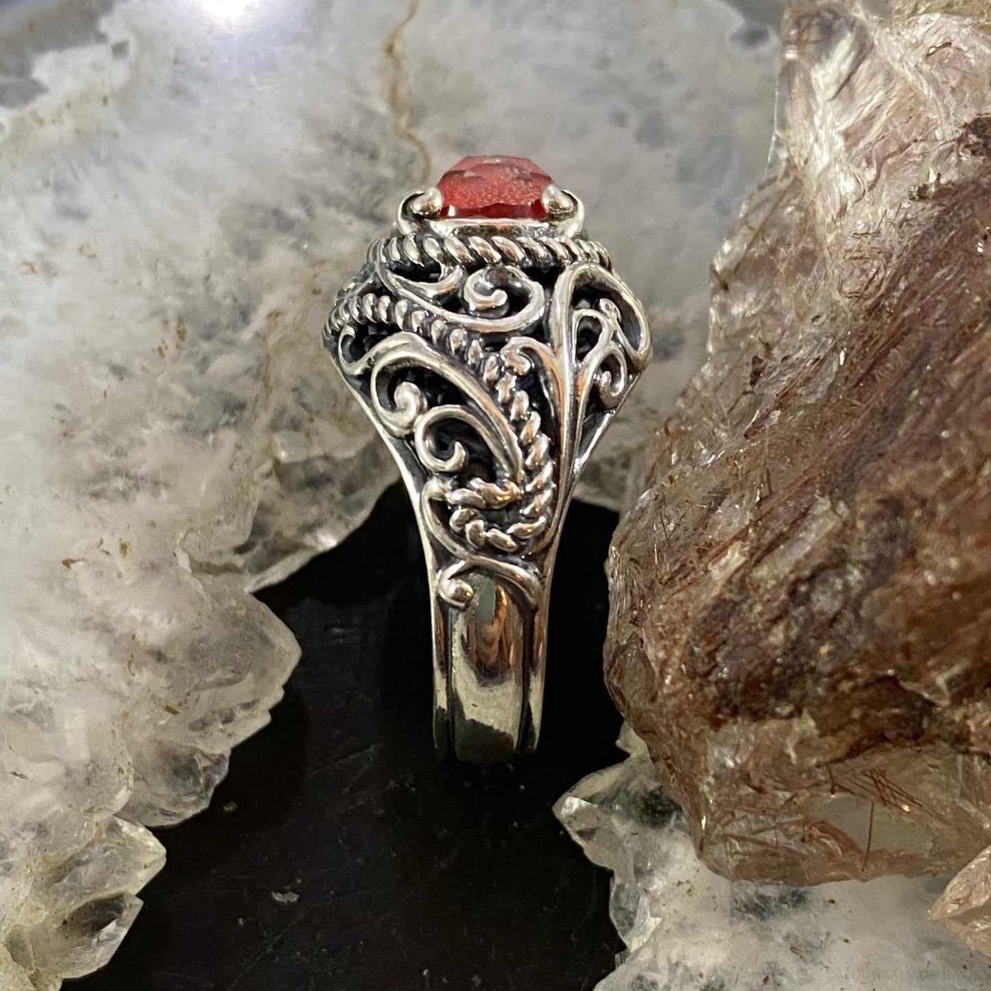 Carolyn Pollack Sterling Silver Oval Red Coral & Faceted Quartz Decorated Doublet Ring For Women