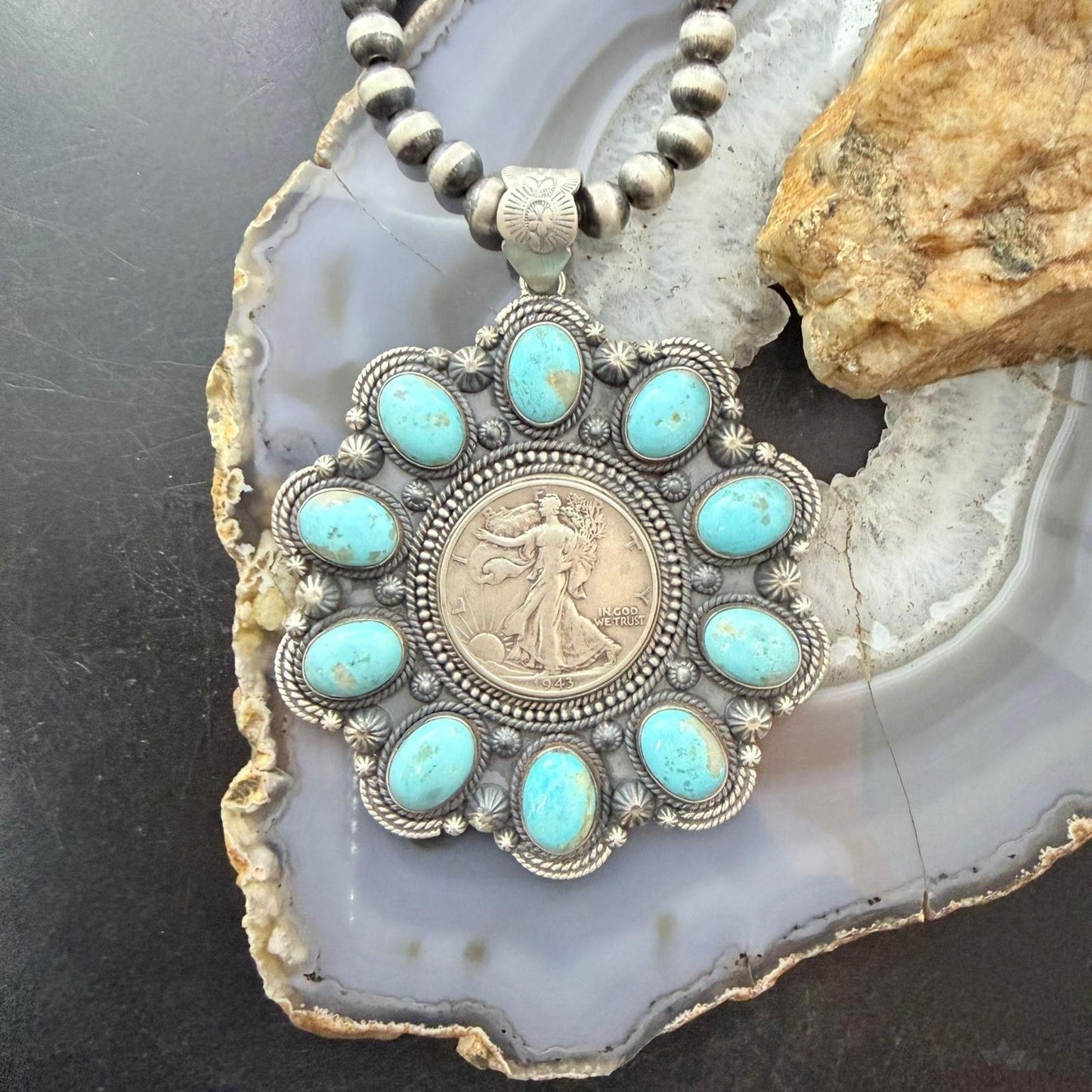 1943 Genuine 90% Silver Walking Liberty Half Dollar Coin w/Turquoise Unisex Pendant