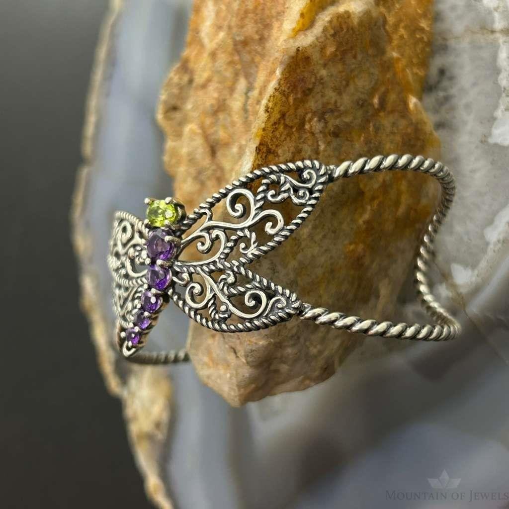 Carolyn Pollack Sterling Silver Peridot & Amethyst Decorated Dragonfly Bracelet For Women