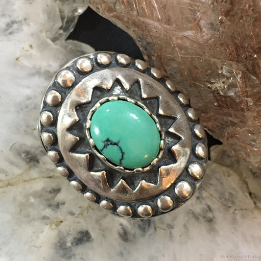 Carolyn Pollack Vintage Southwestern Style  Sterling Oval Green Turquoise Decorated Ring For Women