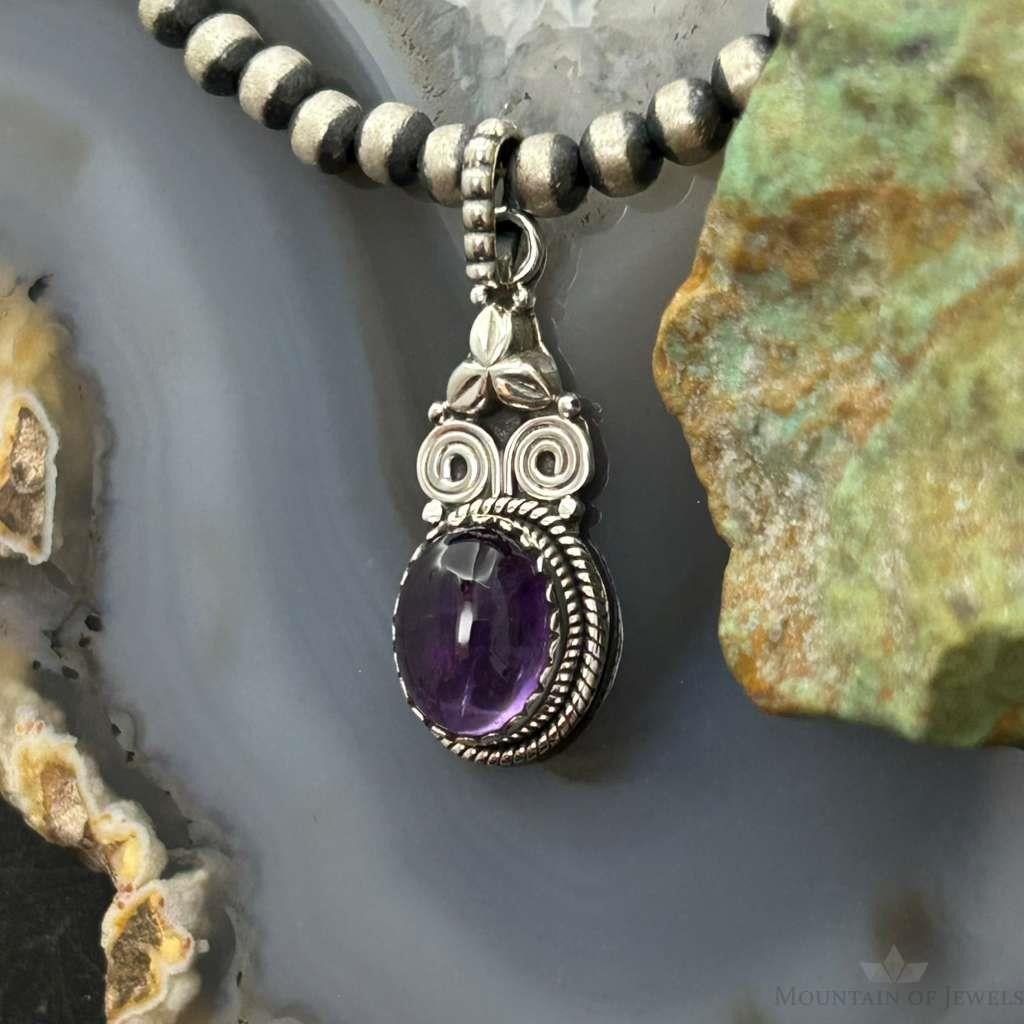 Sterling Silver Southwestern Style Oval Amethyst Decorated Charm/Pendant For Women