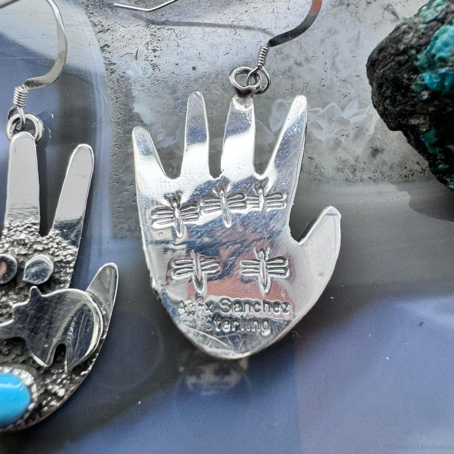 Alex Sanchez Sterling Silver Ancestors Hand Petroglyph W/Turquoise Dangle Earrings For Women #2