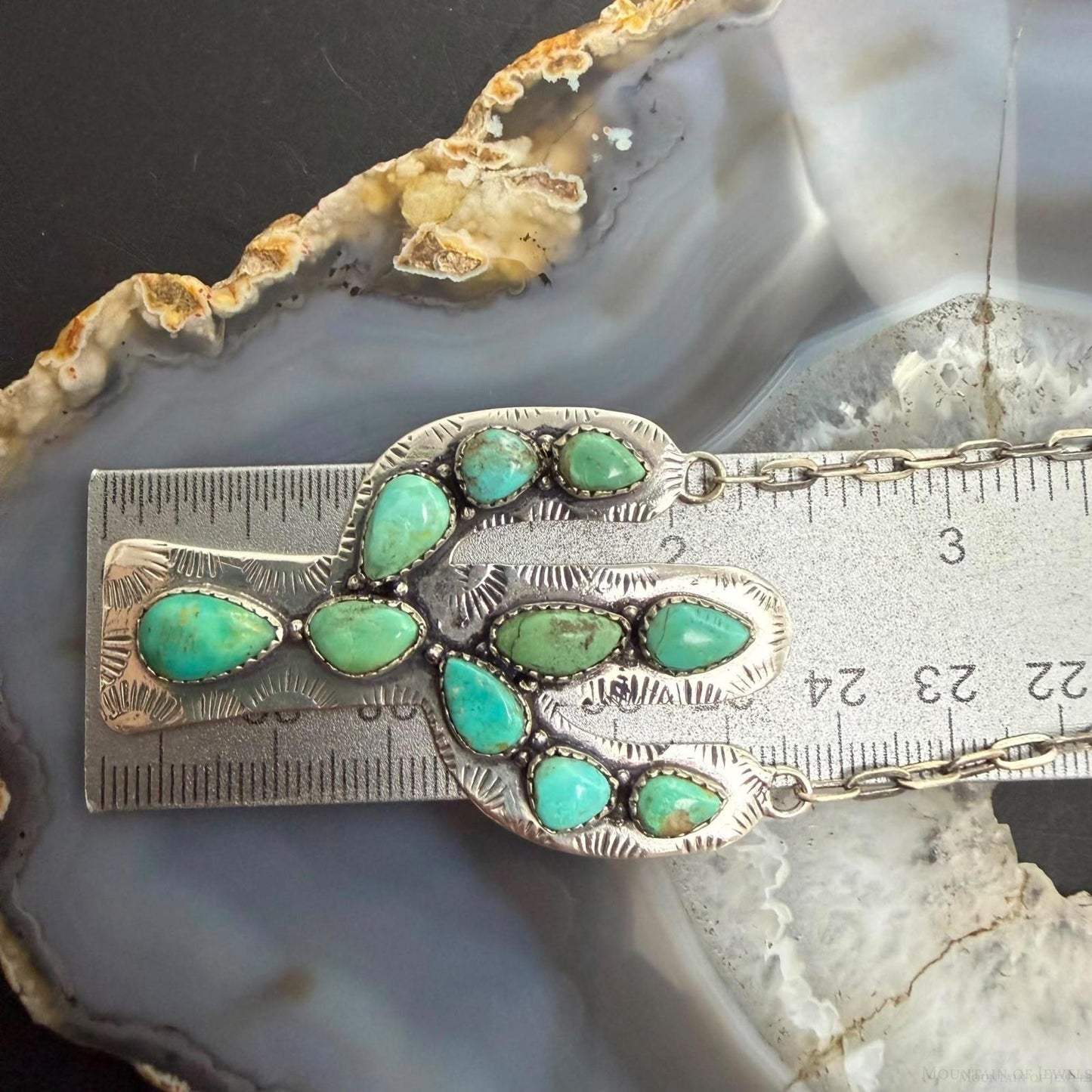 Sterling Southwestern Style Kingman Turquoise Cactus Pendant 22.5" Necklace