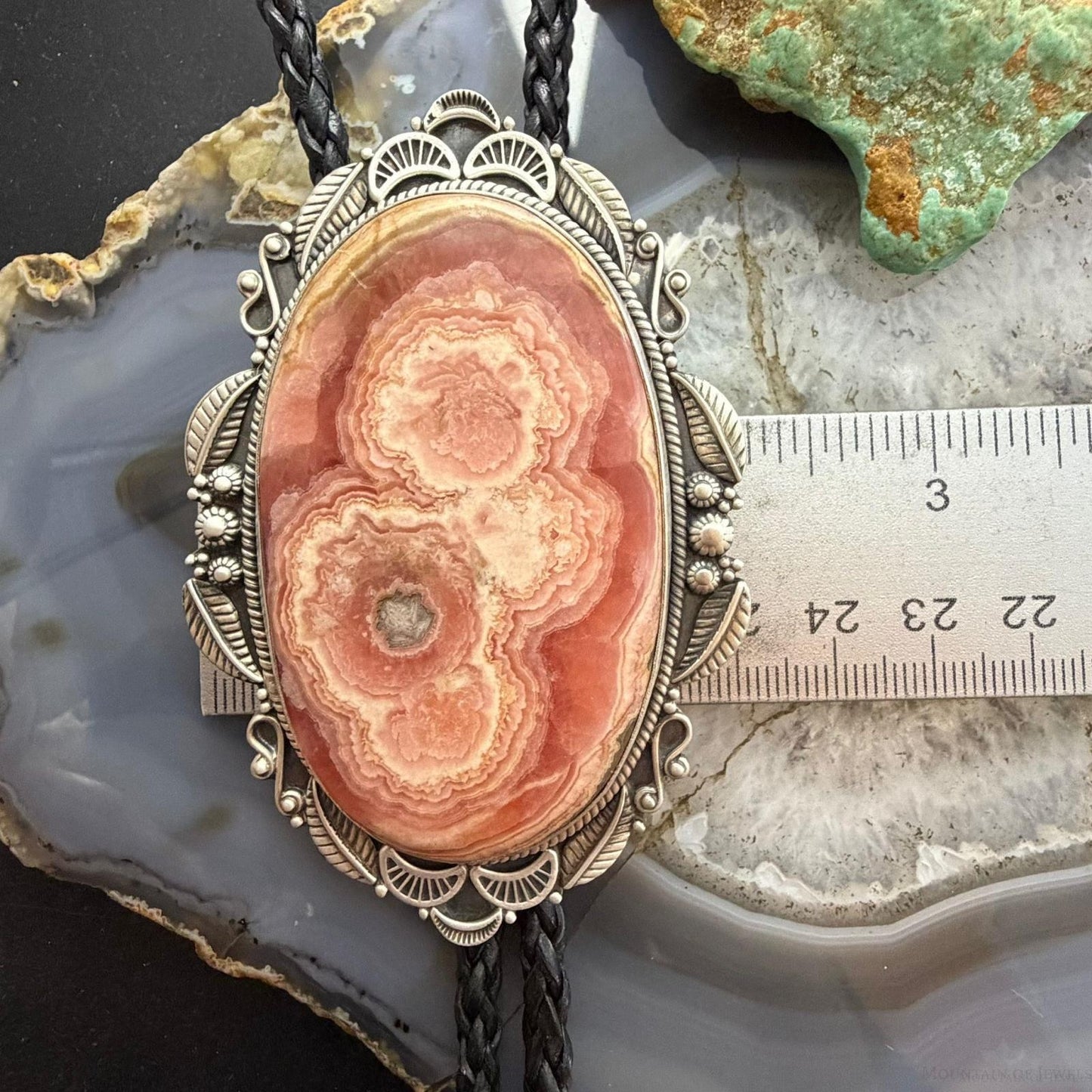Sterling Silver Southwestern Style Oval Large Rhodochrosite Bolo Tie For Men