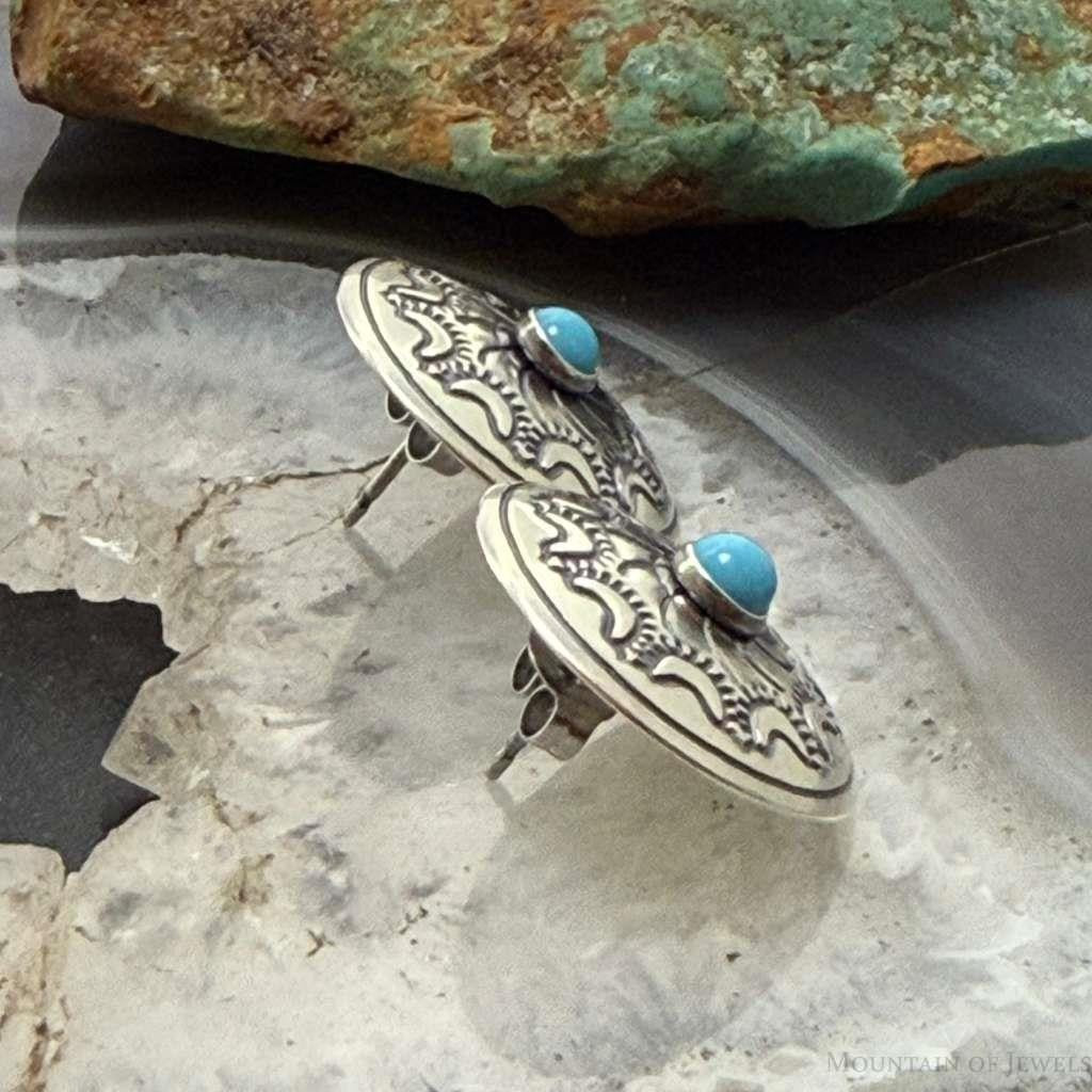 Native American Sterling Silver Stamped Rounded Concho w/Turquoise Stud Earrings For Women