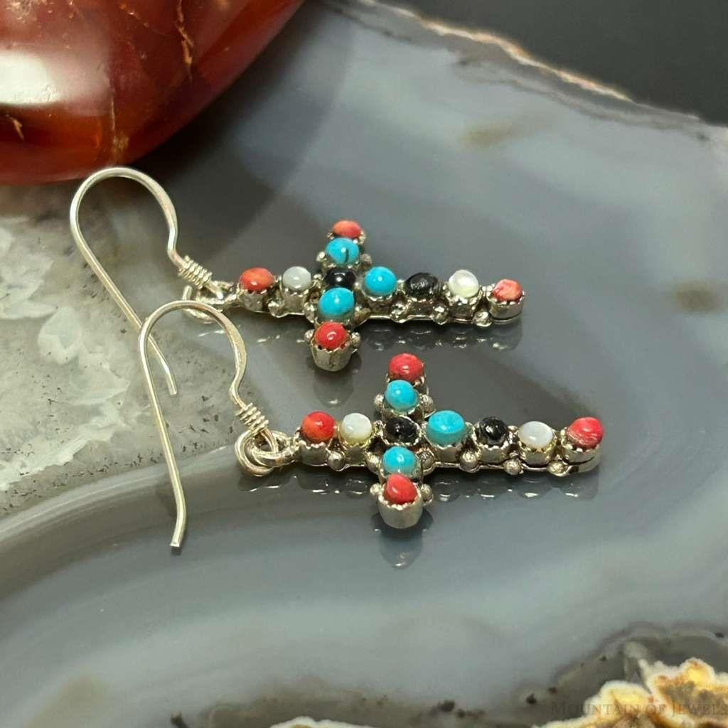 Sterling Silver Southwestern Style Multi-Stone Cross Dangle Earrings For Women