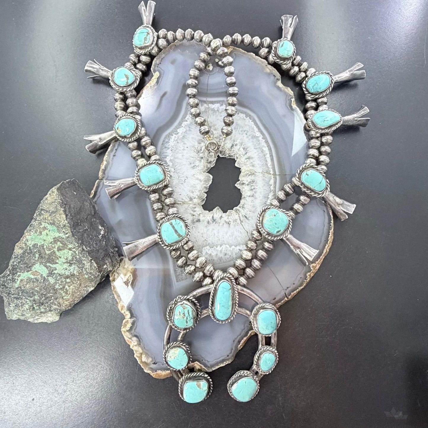 Vintage Native American Sterling Silver Kingman Turquoise Squash Blossom For Women