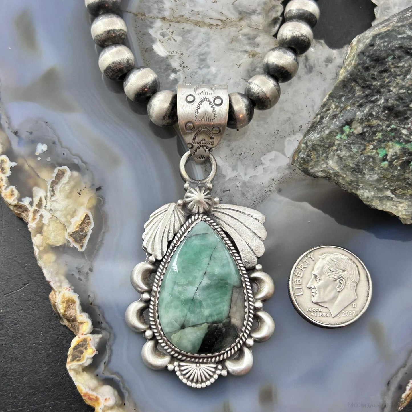 Sterling Silver Southwestern Style Teardrop Emerald Decorated Pendant For Women