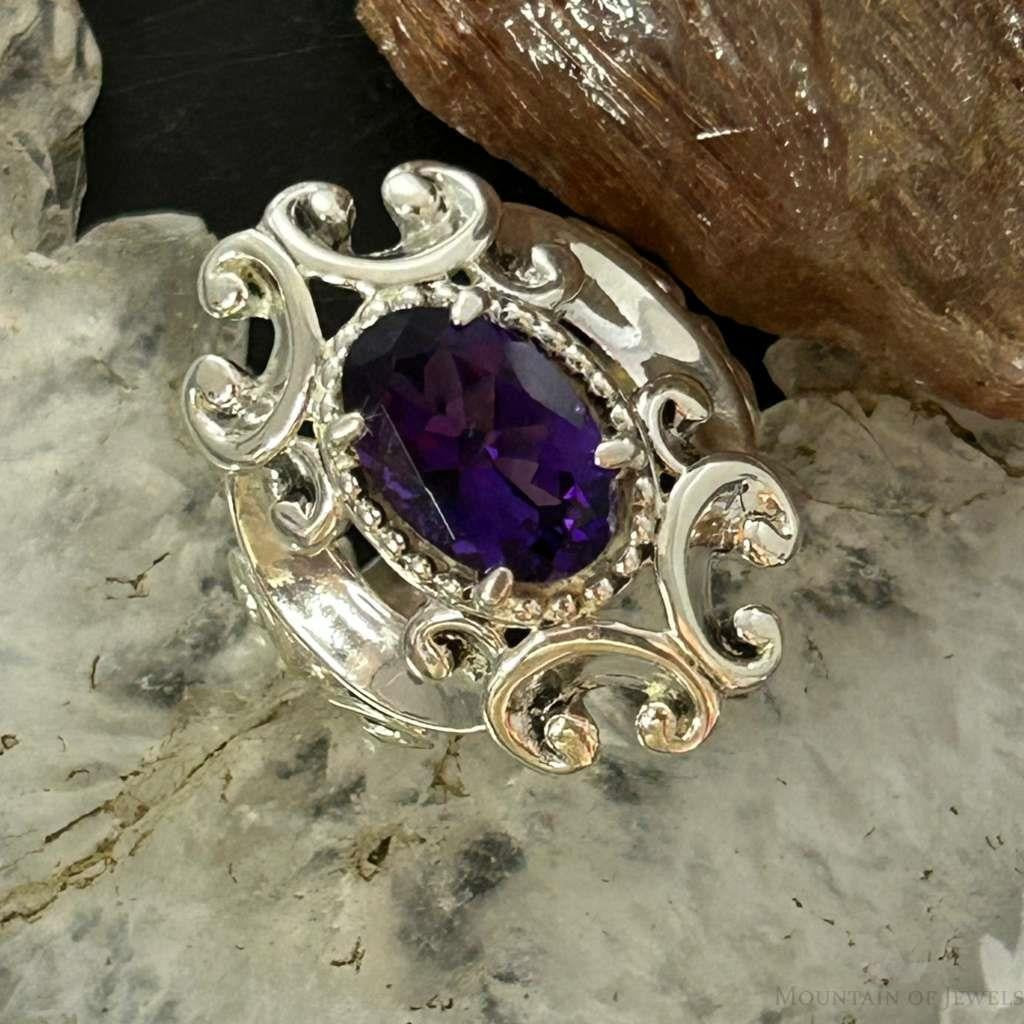 Carolyn Pollack Sterling Silver Faceted Amethyst Decorated Ring Size 6, 9 For Women