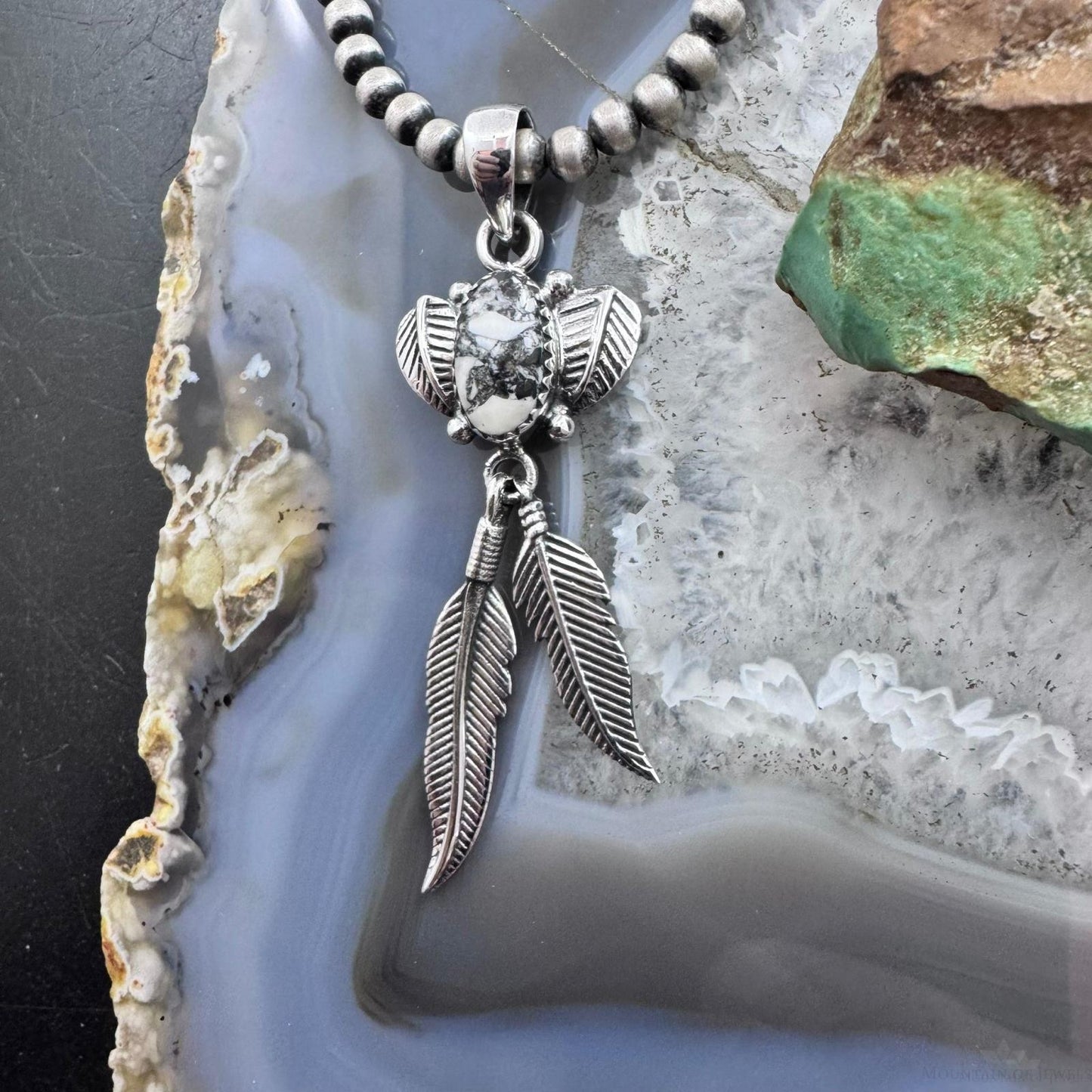 Sterling Silver Southwestern Style White Buffalo Feathers w/Leaves Pendant For Women