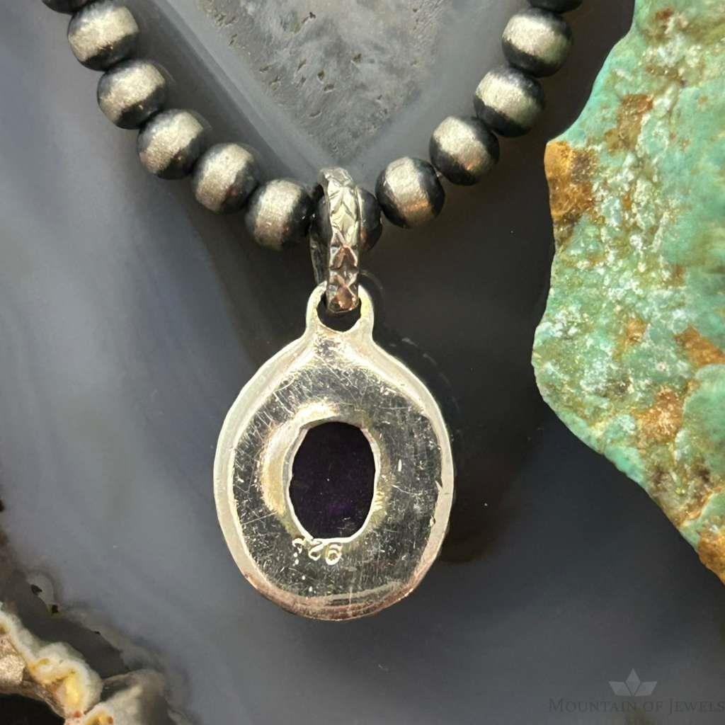 Sterling Silver Southwestern Style Oval Amethyst Decorated Charm/Pendant For Women