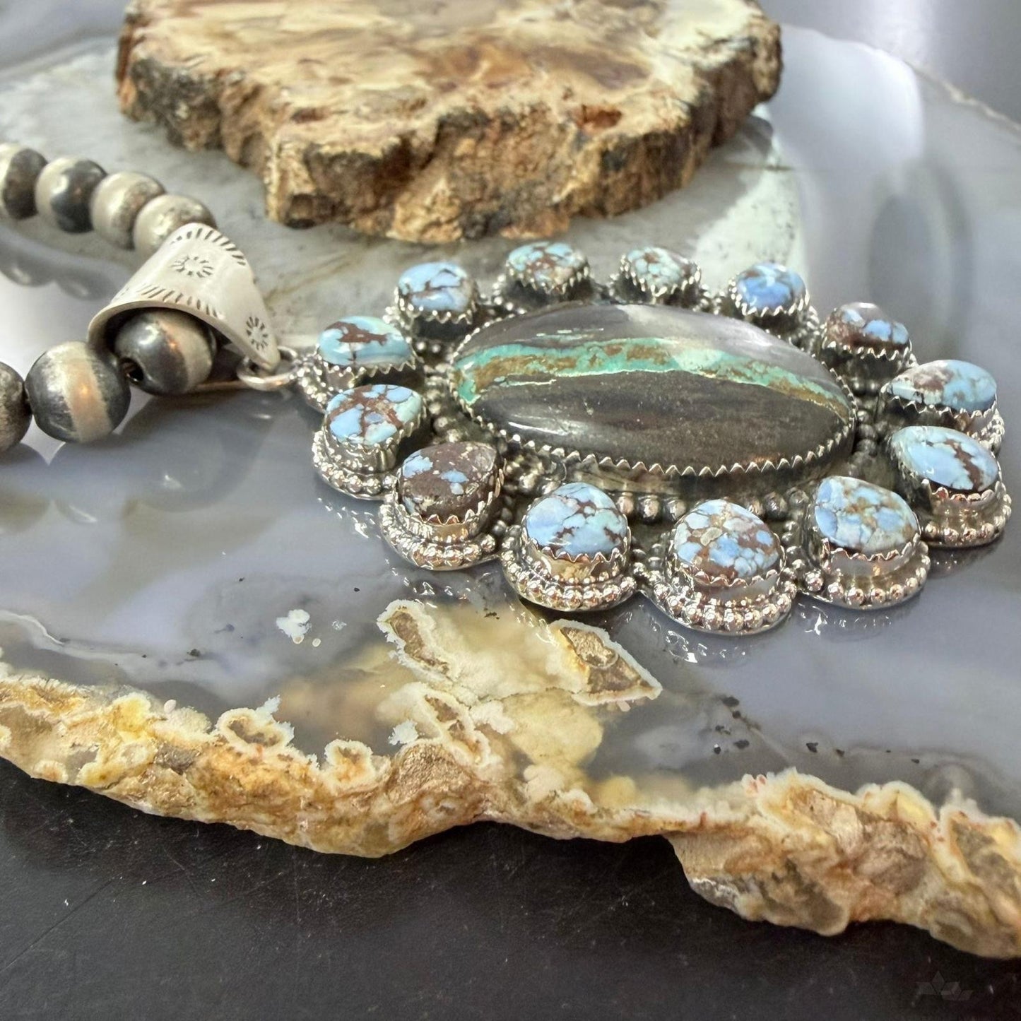 Sterling Silver Southwestern Style Blackjack & Golden Hill Turquoise Pendant For Women