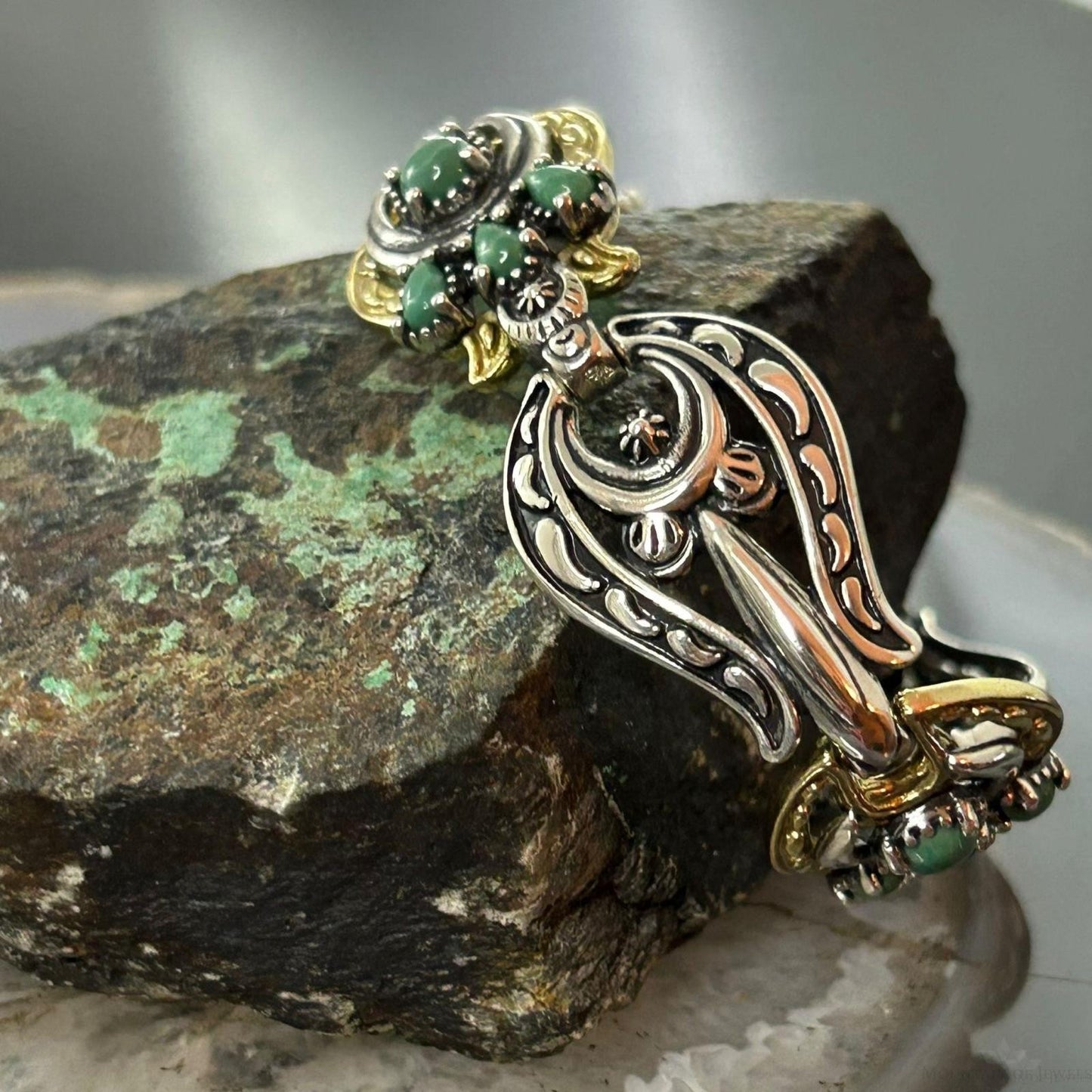 Carolyn Pollack Sterling Silver &Brass w/Green Turquoise Link Bracelet For Women