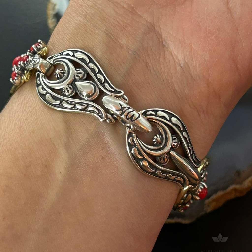 Carolyn Pollack Sterling Silver & Brass w/Red Jasper Link Bracelet For Women