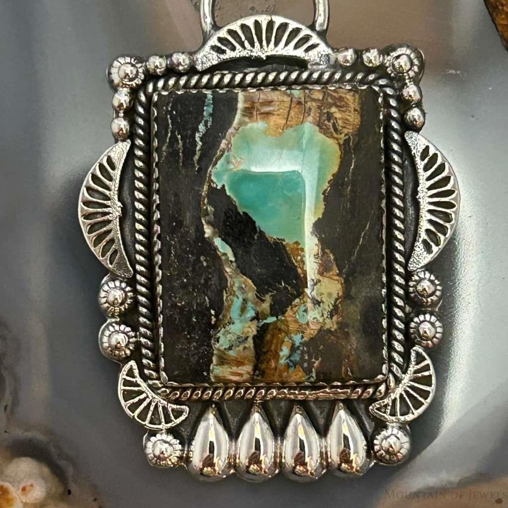 Sterling Silver Southwestern Style Rectangle Blackjack Turquoise Pendant For Women #1