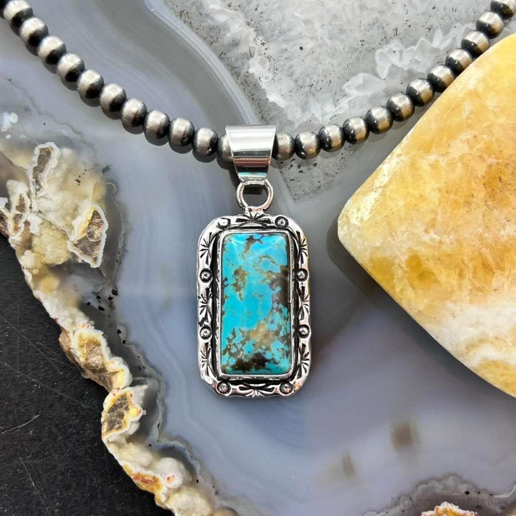 Native American Sterling Silver Rectangle Turquoise Decorated Pendant For Women