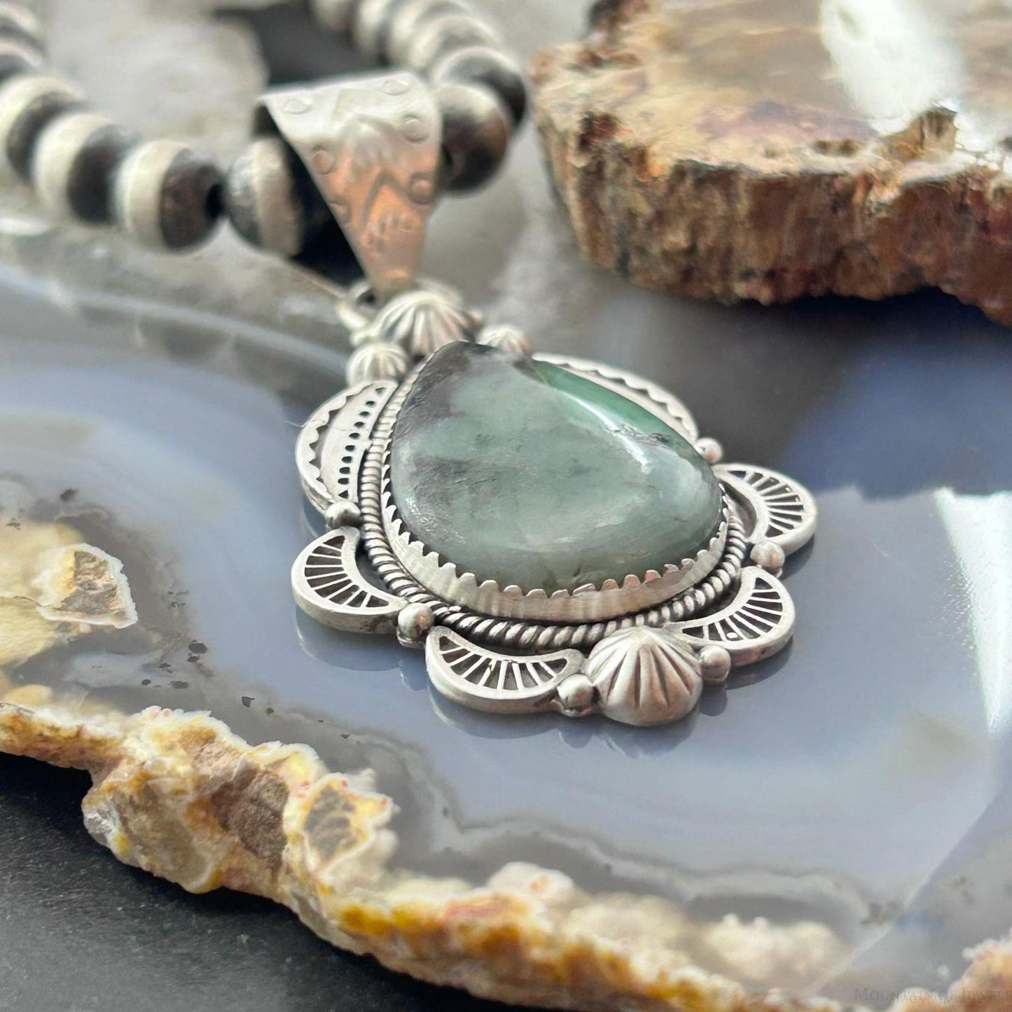 Sterling Silver Southwestern Style Teardrop Emerald Decorated Pendant For Women