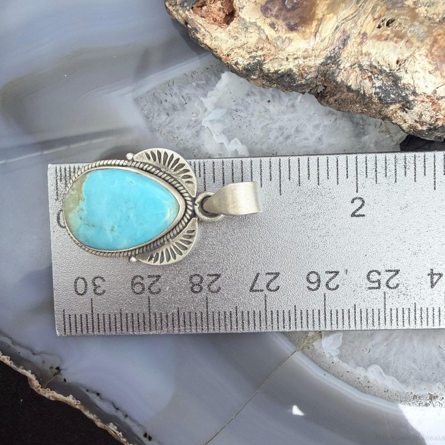 Sterling Silver Southwestern Style Wide Teardrop Kingman Turquoise Decorated Pendant