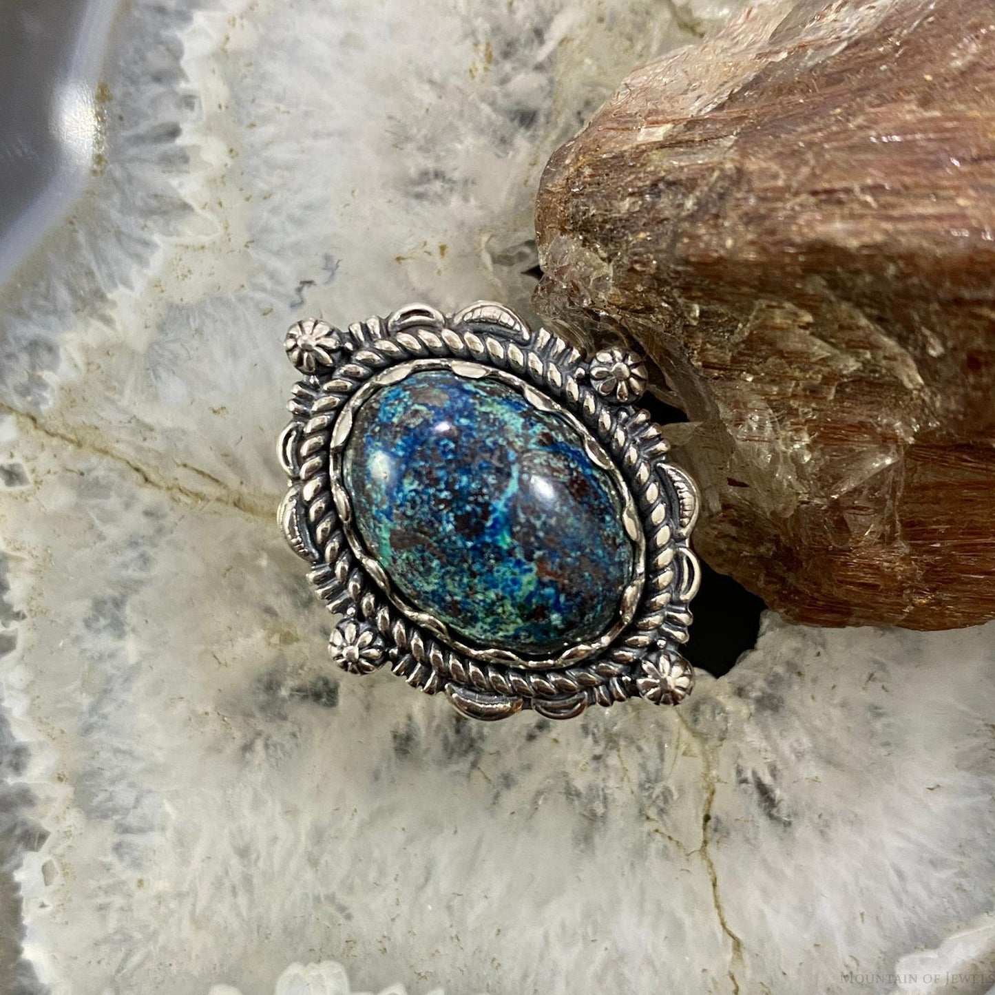 Carolyn Pollack Southwestern Style Sterling Silver Oval Chrysocolla Decorated Ring For Women