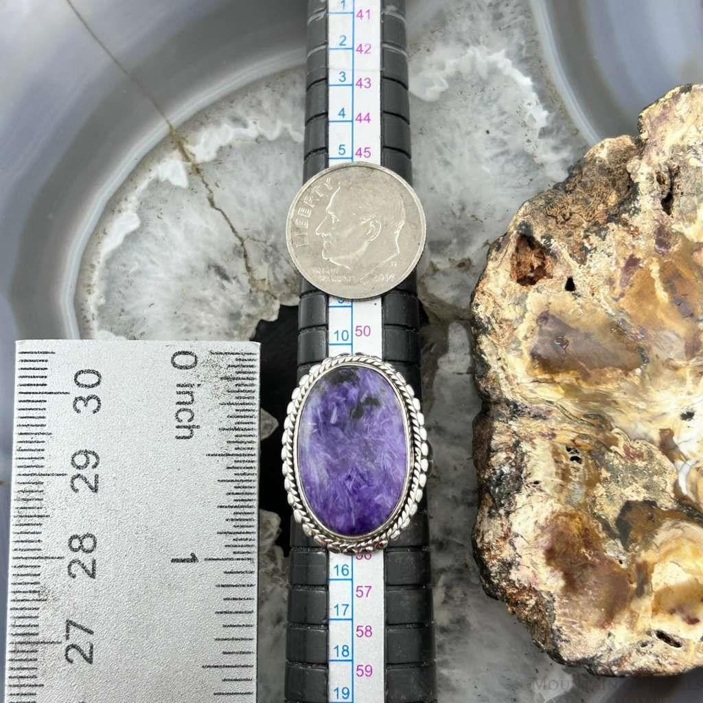 Sterling Silver Southwestern Style Oval Charoite Decorated Ring Size 6.75 For Women
