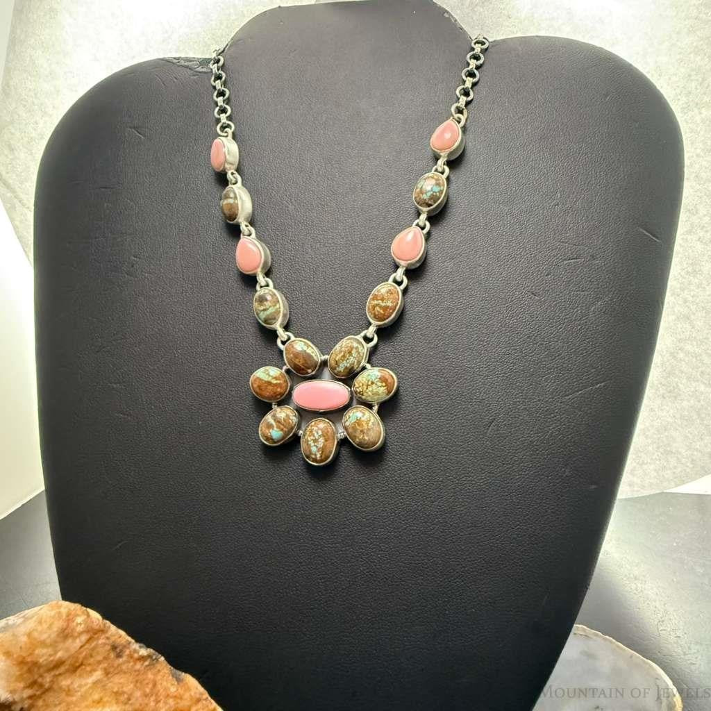 Sterling Silver Southwestern Style Turquoise &Pink Conch Cluster 21" Necklace For Women