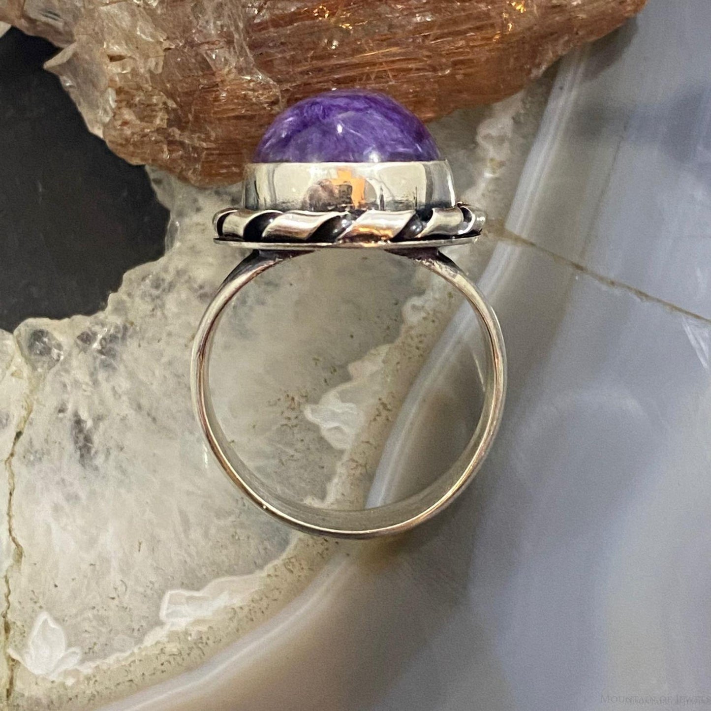 Native American Sterling Silver Oval Charoite Decorated Ring Size 8.5 For Women