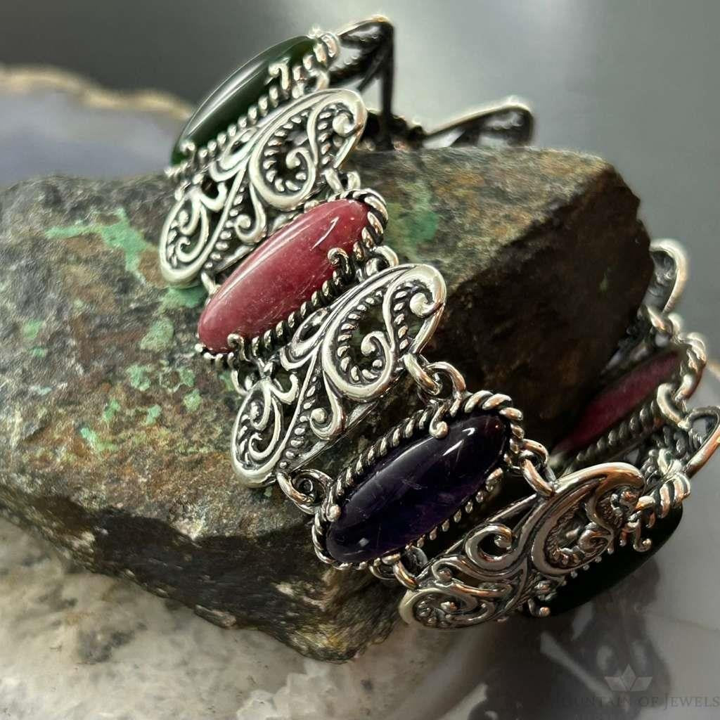 Carolyn Pollack Sterling Silver Multi-Stone Link Fold-Over Bracelet For Women