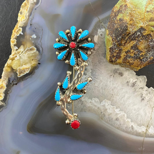 Native American Sterling Silver Turquoise & Coral Dot Flower Brooch For Women