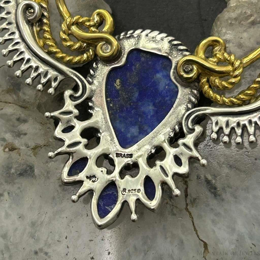 Carolyn Pollack Sterling Silver & Brass Lapis Decorated 15" Necklace For Women