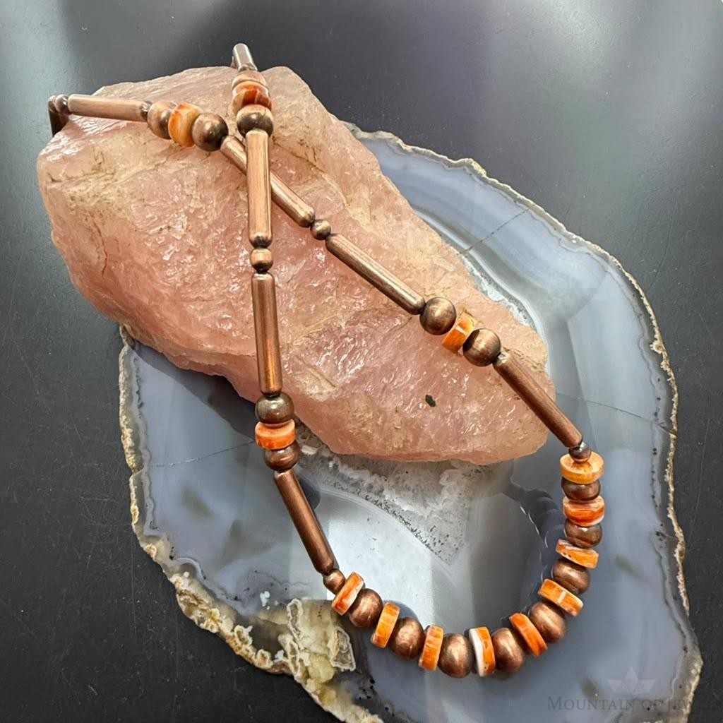 Copper Navajo Pearl Round & 25mm Cylinder w/Spiny Oyster Beads 20" Necklace For Women