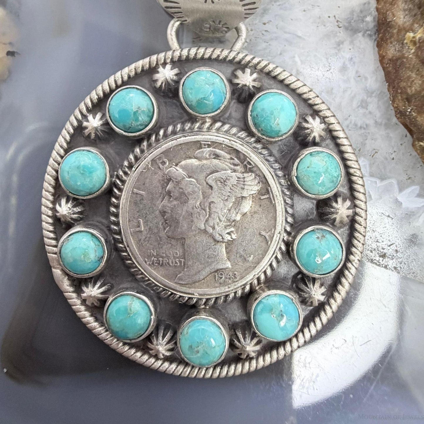 Genuine 1943 90% Silver Mercury Dime Coin w/Mohave Turquoise Unisex Pendant