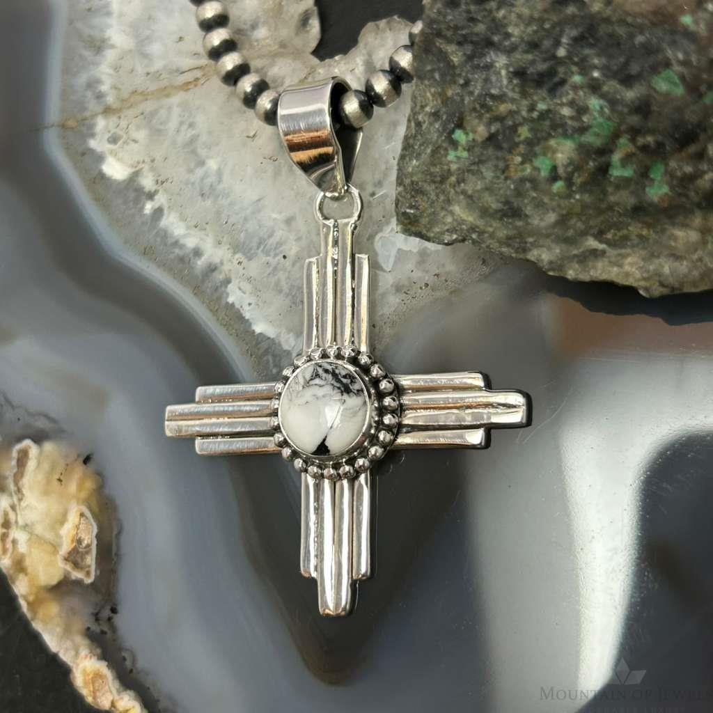 Sterling Silver Southwestern Style Rounded White Buffalo Unisex Zia Pendant