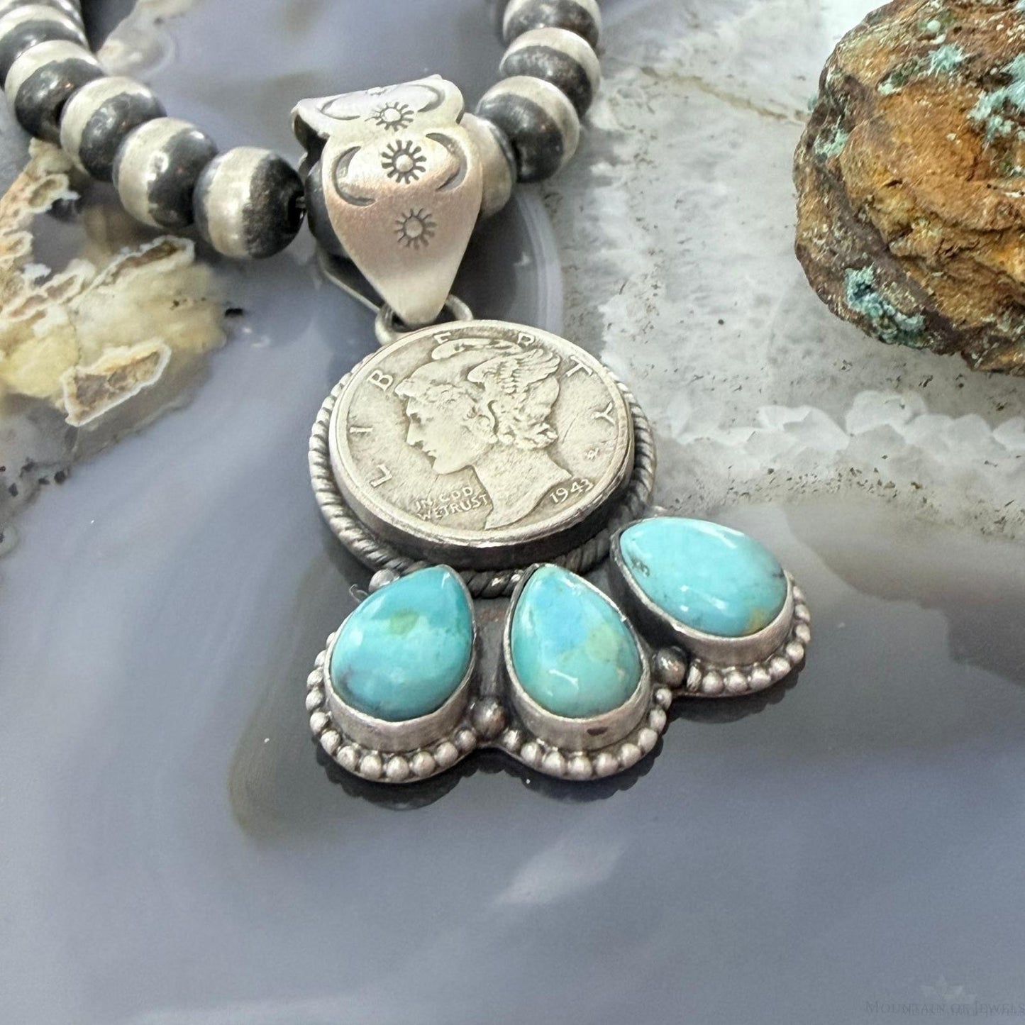 Genuine 1943 90% Silver Mercury Dime Coin w/Teardrop Turquoise Decorated Unisex Pendant