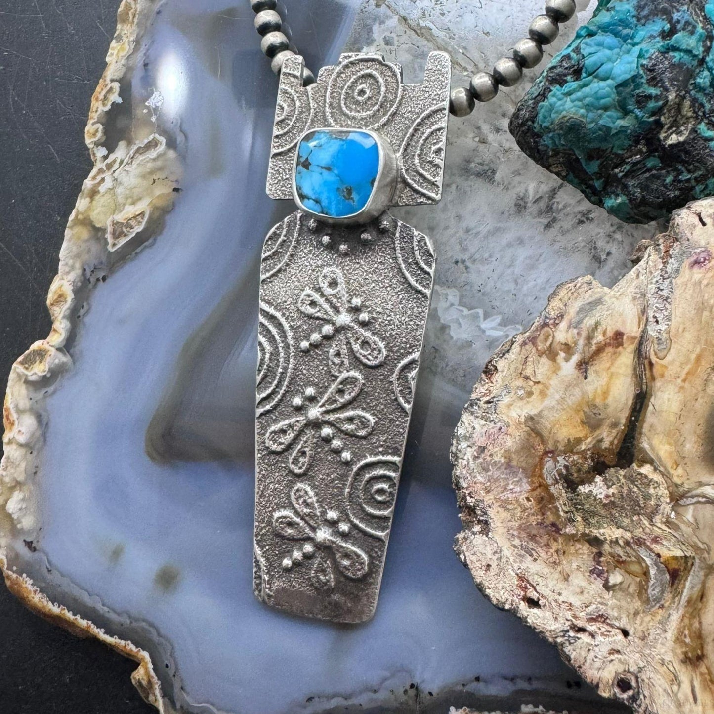 Joel Pajarito Sterling Silver Blue Ridge Turquoise Tufa Cast Decorated Unisex Pendant