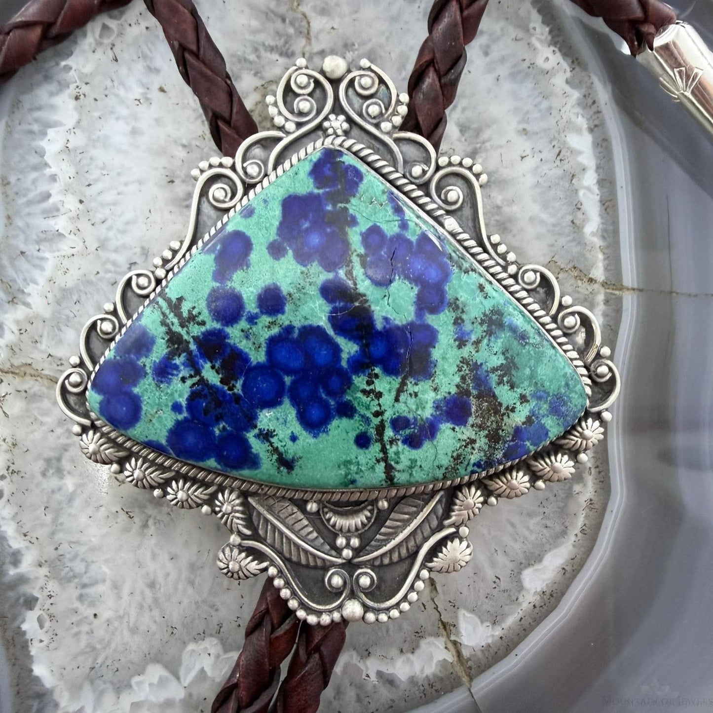 Sterling Silver Southwestern Style Large Triangle Malachite Azurite Bolo Tie For Men