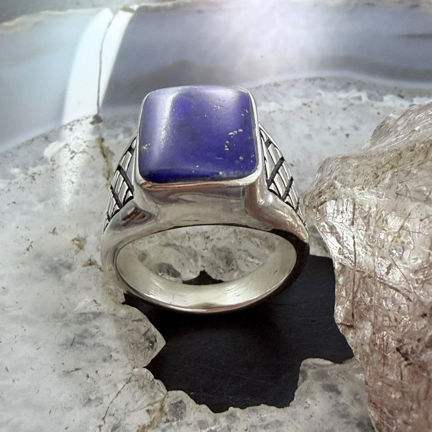 Native American Sterling Silver Lapis Decorated Bar Ring Size 11 For Men