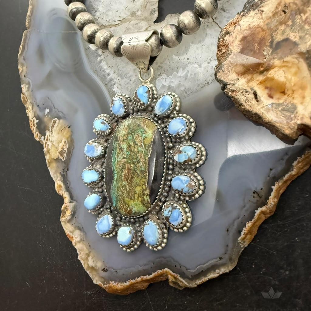 Sterling Silver Southwestern Style Blackjack & Golden Hill Turquoise Pendant For Women