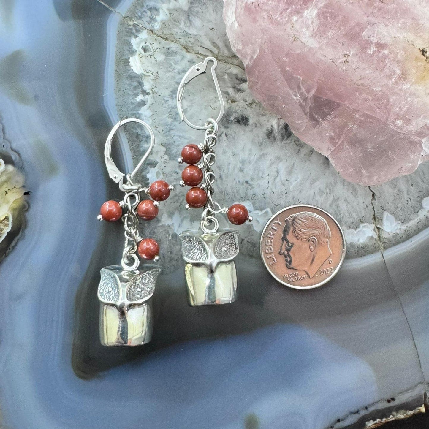 Andrew Rodriguez Sterling Silver Owl With 4 Tiny Red Jasper Beads Dangle Earrings For Women